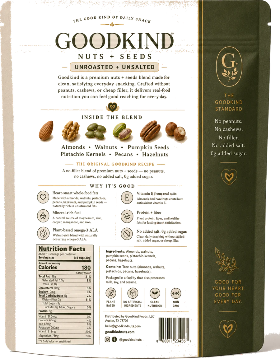 GOODKIND Nuts + Seeds, Unroasted + Unsalted — 12 oz pouch, back of pack